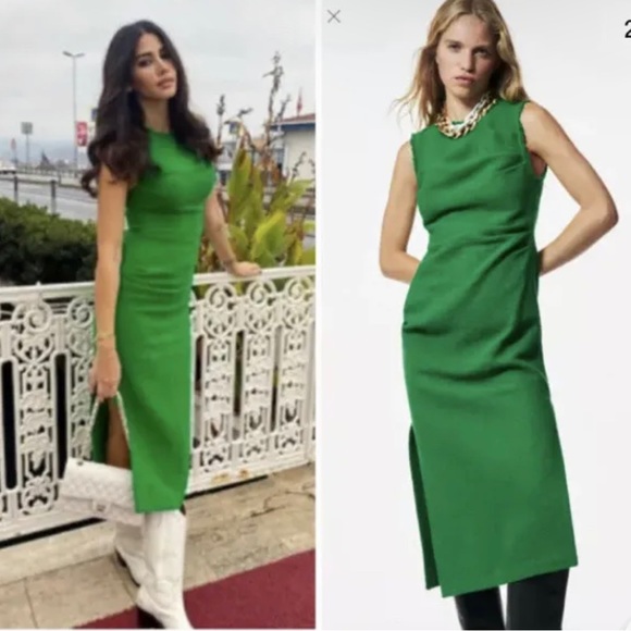 Zara Green Long Texture Fringe Weave Tweed Midi Pencil Bodycon Dress Size Medium - Picture 8 of 8